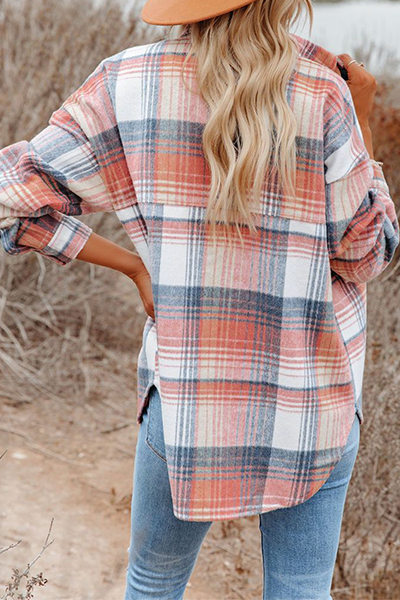 Casual Plaid Buckle Turndown Collar Outerwear