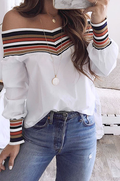 Casual Striped Patchwork Off the Shoulder Tops