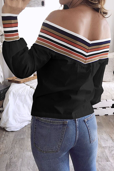 Casual Striped Patchwork Off the Shoulder Tops