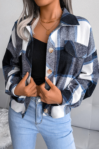 Casual Plaid Patchwork Buckle Turndown Collar Outerwear(3 Colors)