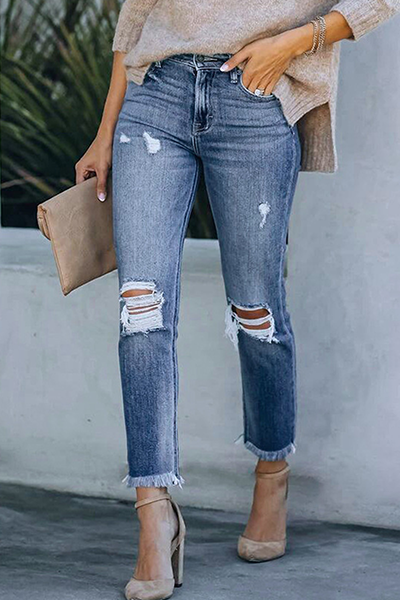 Casual Solid Tassel Ripped Pencil Bottoms