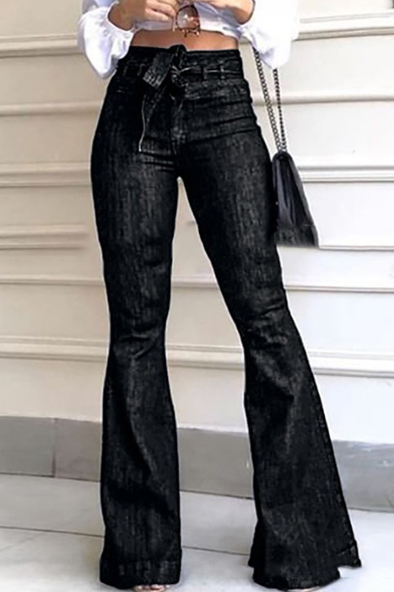 Casual Solid Split Joint Mid Waist Boot Cut Denim Jeans