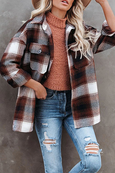 Casual Plaid Pocket Buckle Turndown Collar Outerwear