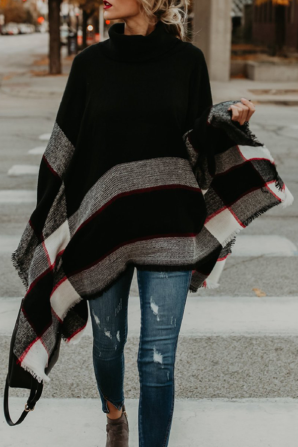 Elegant Striped Tassel Patchwork Turtleneck Cardigans