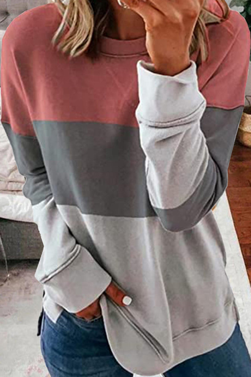 Casual Color Lump Patchwork Contrast O Neck Tops(5 Colors)