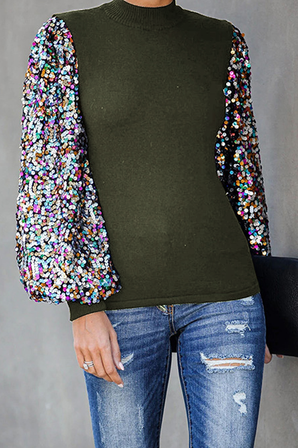 Fashion Casual Patchwork Sequins Half A Turtleneck Tops(6 Colors)