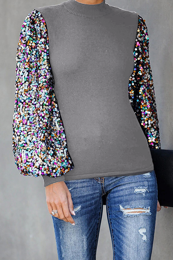 Fashion Casual Patchwork Sequins Half A Turtleneck Tops(6 Colors)