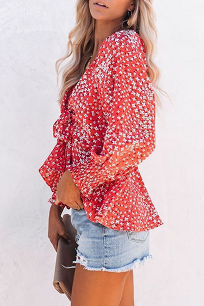 Fashion Elegant Floral Flounce Strap Design V Neck Tops