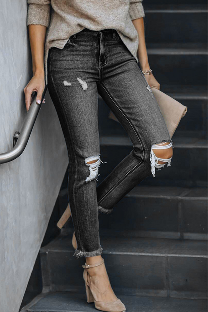 Casual Solid Ripped Mid Waist Skinny Denim Jeans