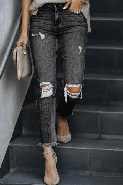 Casual Solid Ripped Mid Waist Skinny Denim Jeans