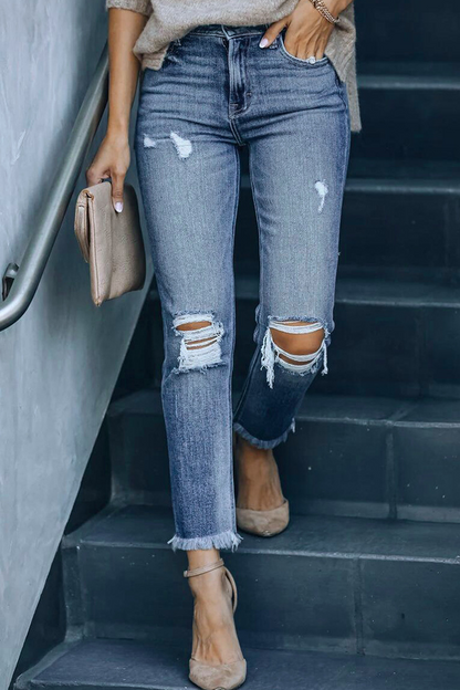 Casual Solid Ripped Mid Waist Skinny Denim Jeans