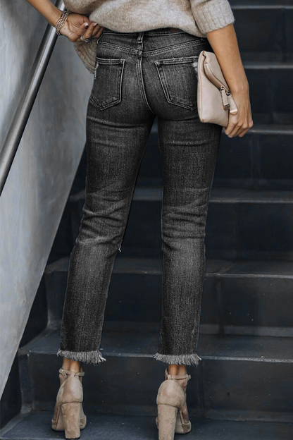 Casual Solid Ripped Mid Waist Skinny Denim Jeans