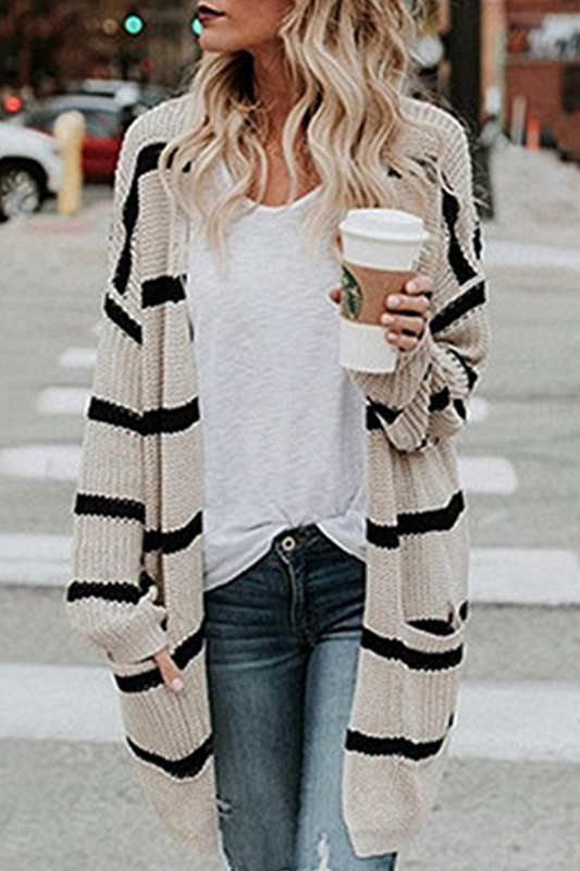 Fashion Striped Patchwork Cardigan Collar Outerwear