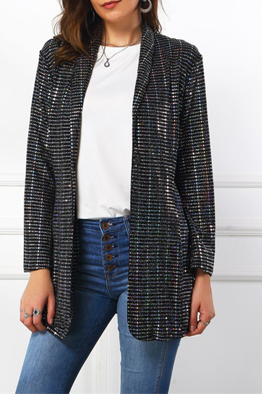 Fashion Solid Sequins Turndown Collar Outerwear