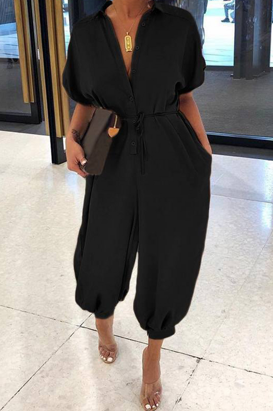 Fashion Solid Patchwork V Neck Harlan Jumpsuits