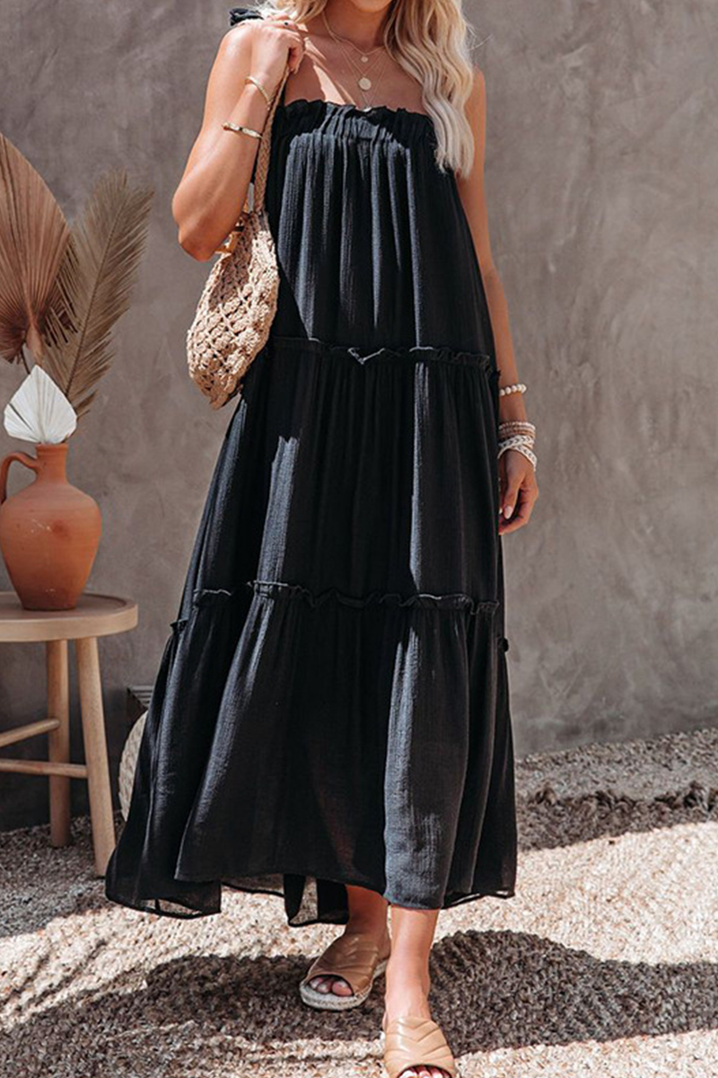 Casual Solid Patchwork Spaghetti Strap Cake Skirt Dresses(3 Colors)