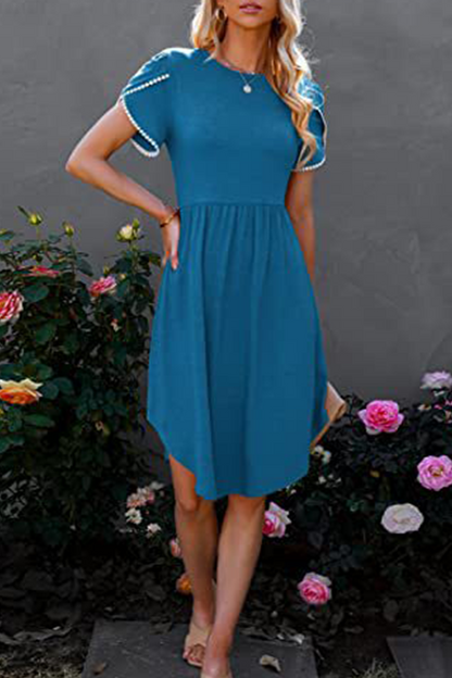 Casual Solid Split Joint O Neck Waist Skirt Dresses(5 colors)