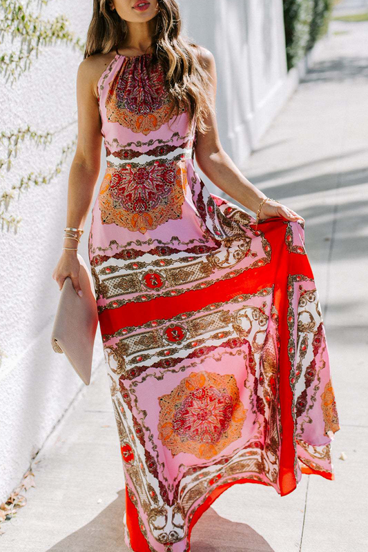 Fashion Print Patchwork Halter Waist Skirt Dresses