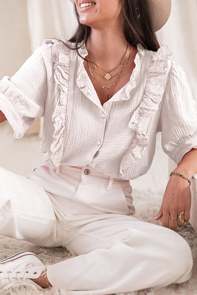 Casual Solid Lace Turndown Collar Blouses