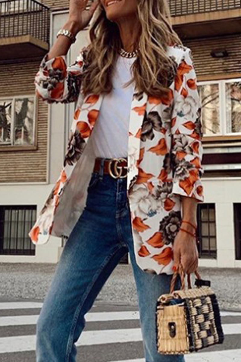 Casual Print Patchwork Turndown Collar Outerwear