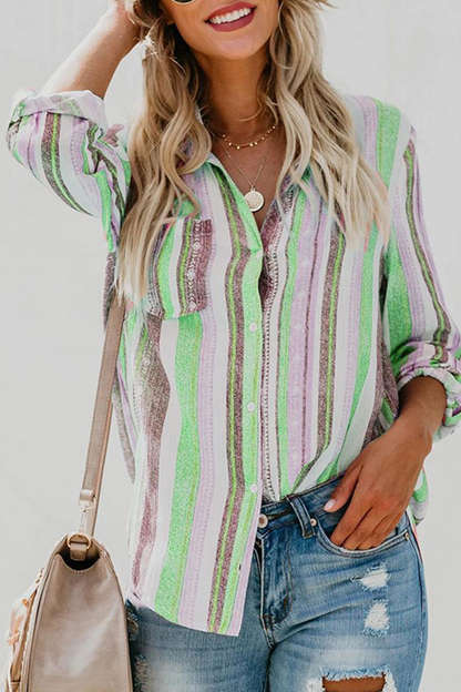 Casual Striped Patchwork Turndown Collar Tops(8 colors)