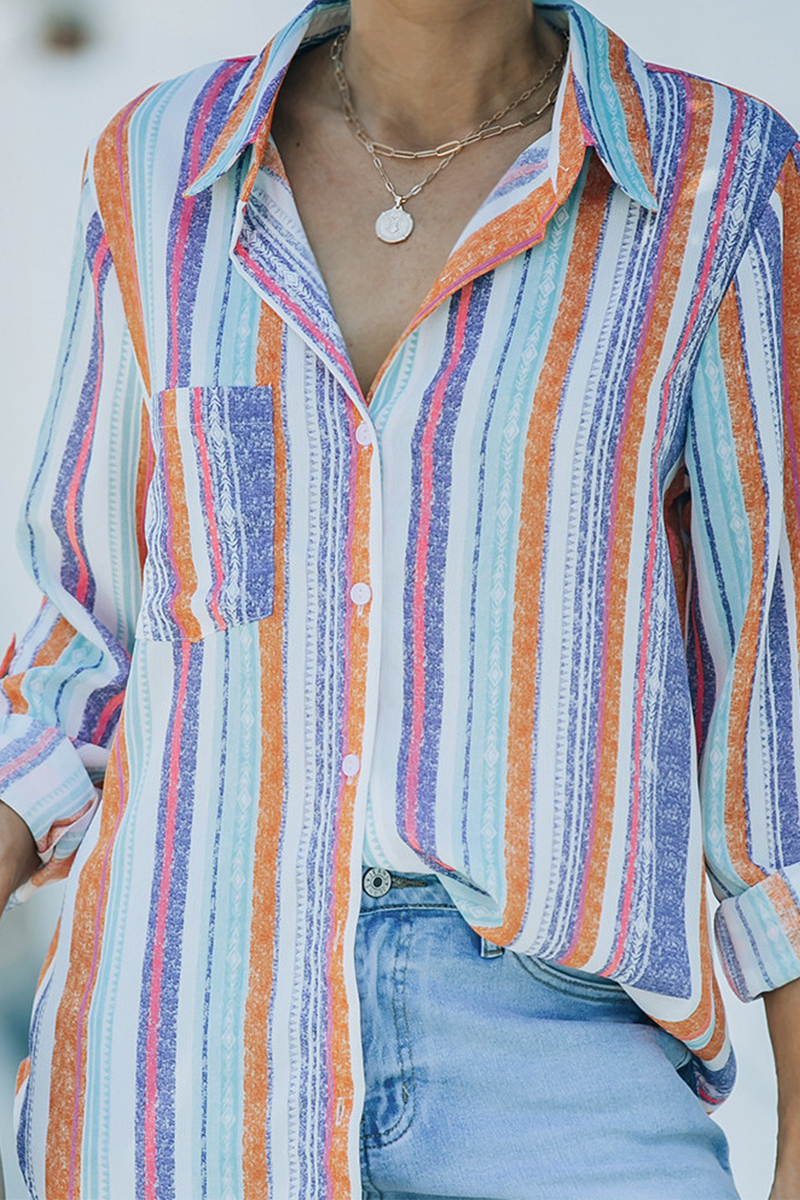 Casual Striped Patchwork Turndown Collar Tops(8 colors)