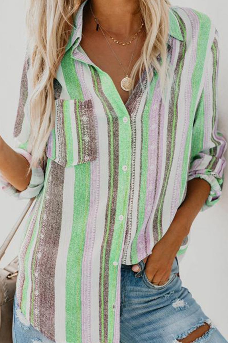 Casual Striped Patchwork Turndown Collar Tops(8 colors)