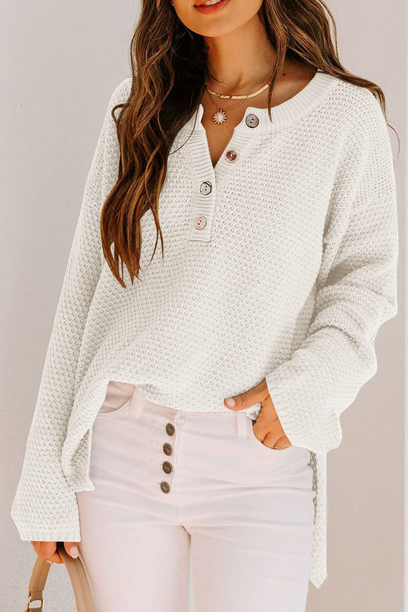 Casual Solid Buckle V Neck Sweaters(4 colors)