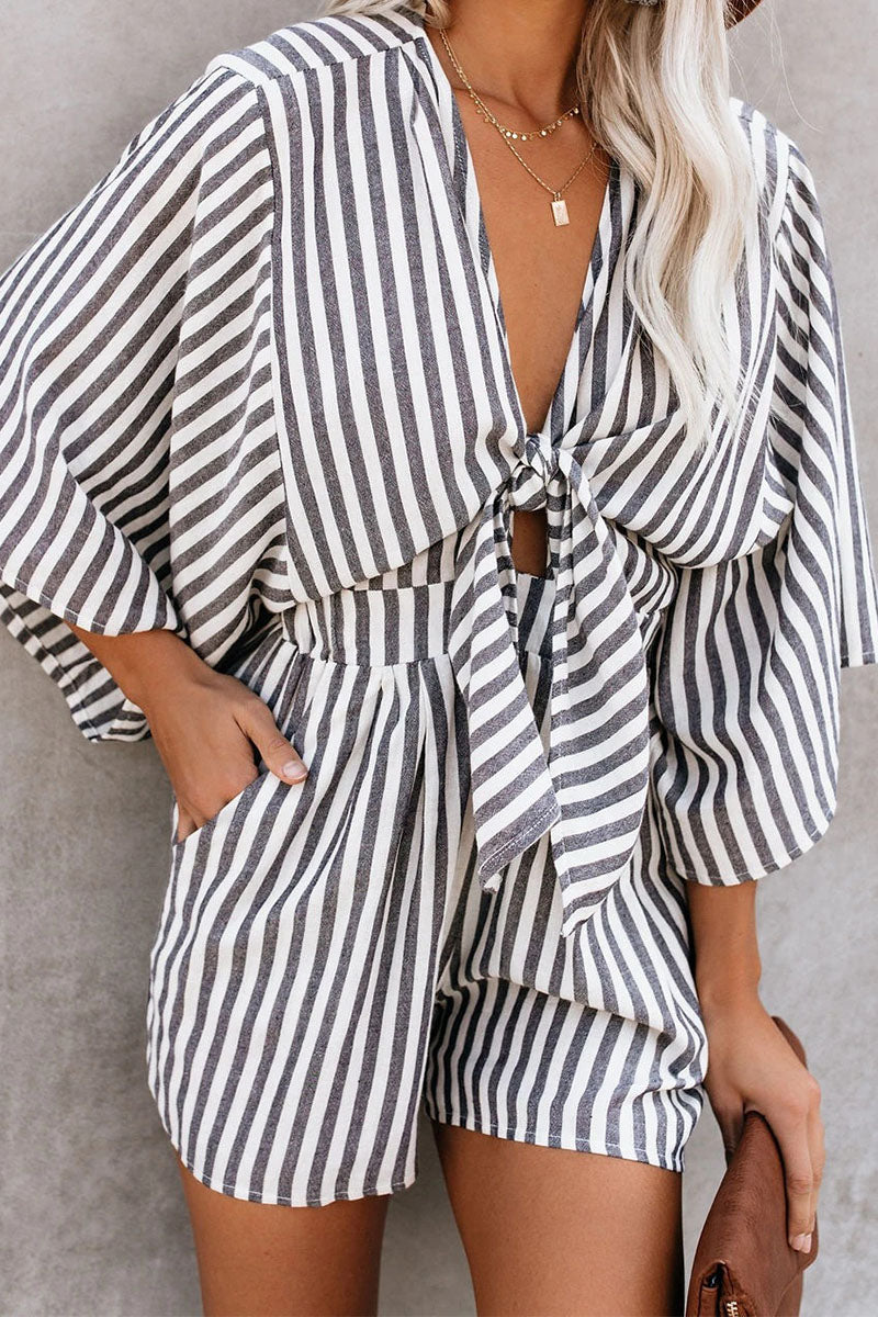 Fashion Elegant Striped Print Strap Design V Neck Loose Jumpsuits(4 colors)