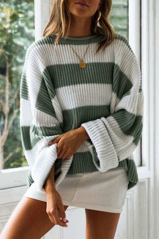 Fashion Sweet Striped Contrast O Neck Sweaters(5 Colors)