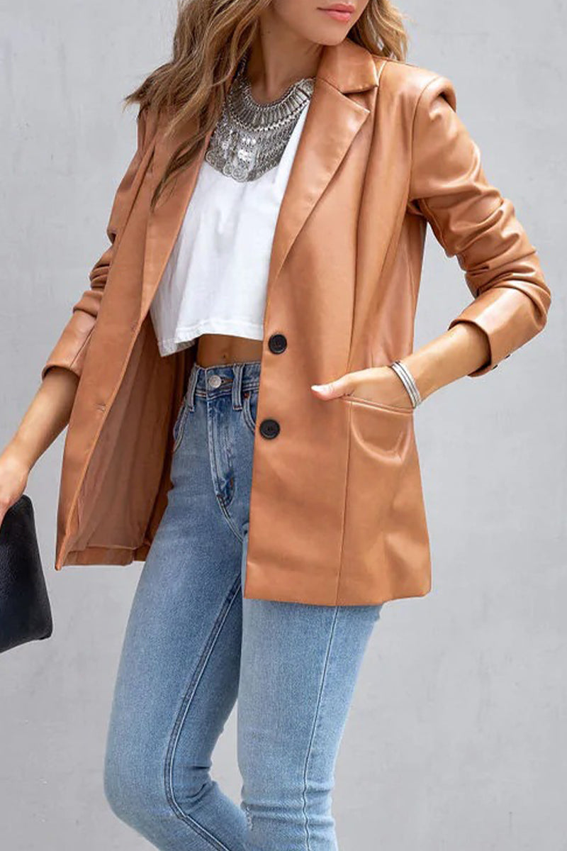 Street Patchwork Solid Color Turndown Collar Outerwear