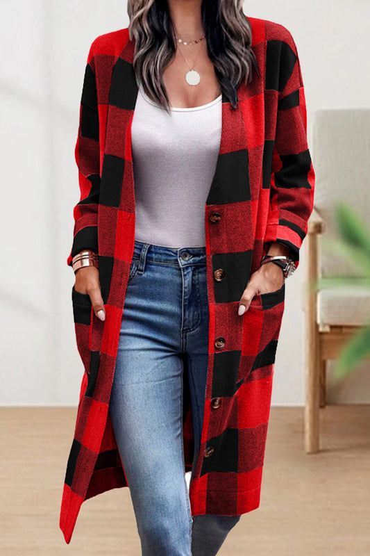 Work Street Plaid Striped Pocket Buckle V Neck Outerwear(4 Colors)