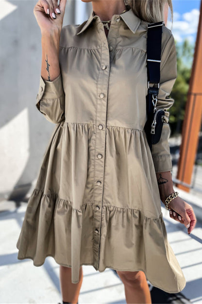 Casual Solid Buckle Turndown Collar Shirt Dress Dresses(4 Colors)