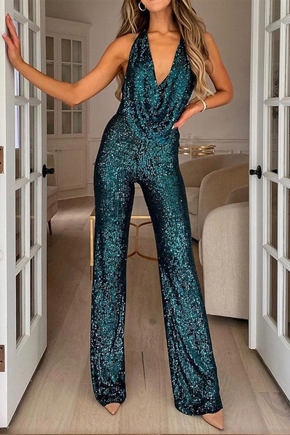 Daily Solid Sequins Halter Boot Cut Jumpsuits(5 Colors)