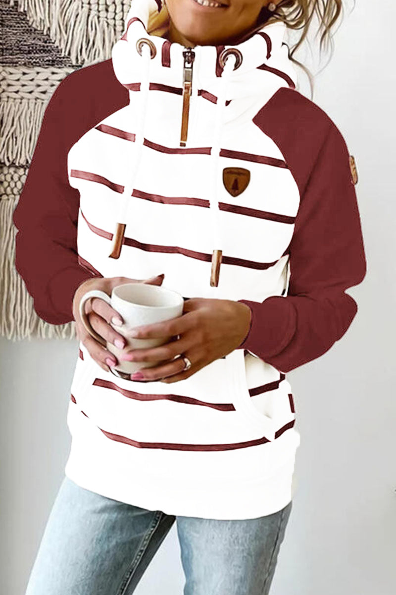 Fashion Casual Striped Patchwork Hooded Collar Tops(3 colors)