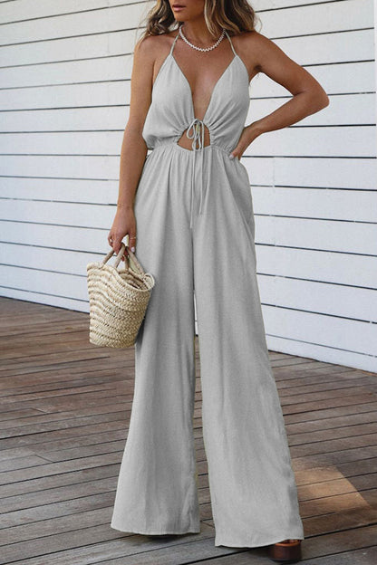 Casual Solid Backless V Neck Regular Jumpsuits(3 Colors)