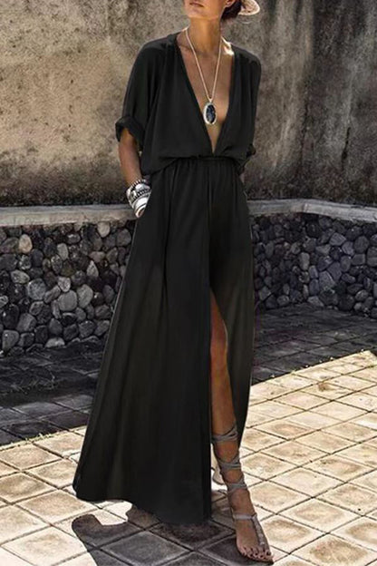 Sexy Elegant Solid Slit V Neck A Line Dresses