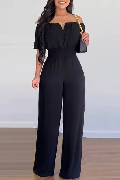 Work Celebrities Solid Solid Color Off the Shoulder Regular Jumpsuits(6 Colors)