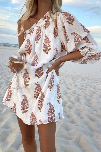 Sexy Vacation Print Fold Oblique Collar A Line Dresses