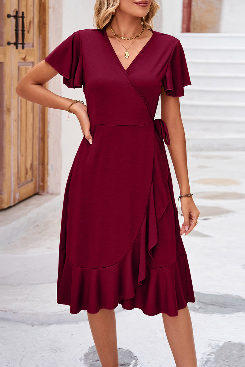 Elegant Simplicity Solid Frenulum Asymmetrical V Neck Irregular Dress Dresses(6 Colors)