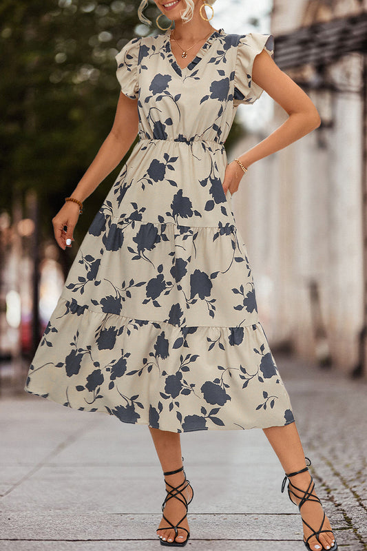 Sweet Elegant Print Patchwork V Neck A Line Dresses