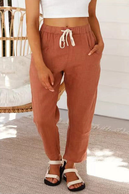 Casual Simplicity Solid Pocket Frenulum Loose High Waist Straight Solid Color Bottoms