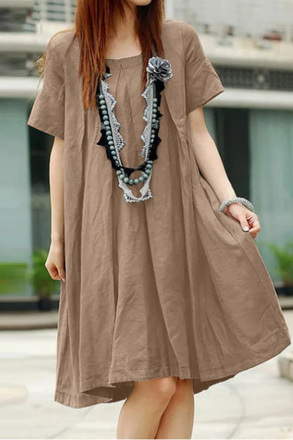 Casual Solid Fold O Neck A Line Short Sleeve Dress