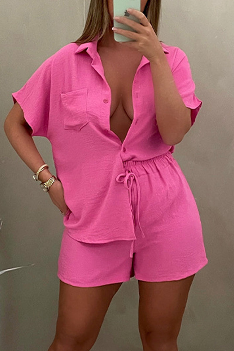 Casual Simplicity Solid Pocket Turndown Collar Short Sleeve Two Pieces