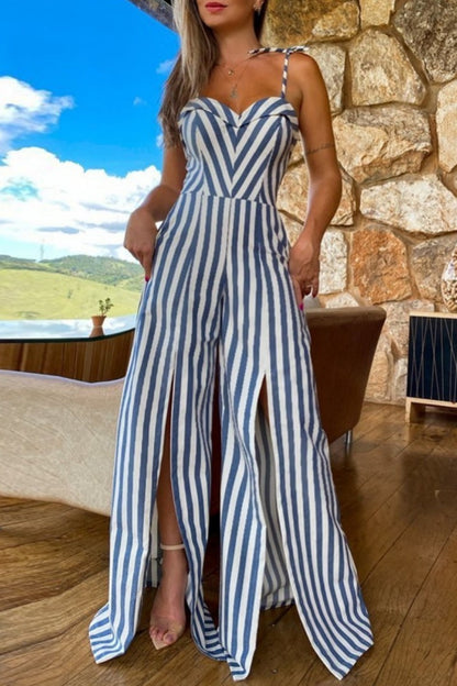 Sexy Casual Striped Print Bandage Backless Slit Spaghetti Strap Regular Jumpsuits