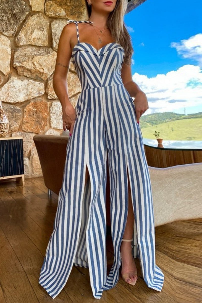 Sexy Casual Striped Print Bandage Backless Slit Spaghetti Strap Regular Jumpsuits