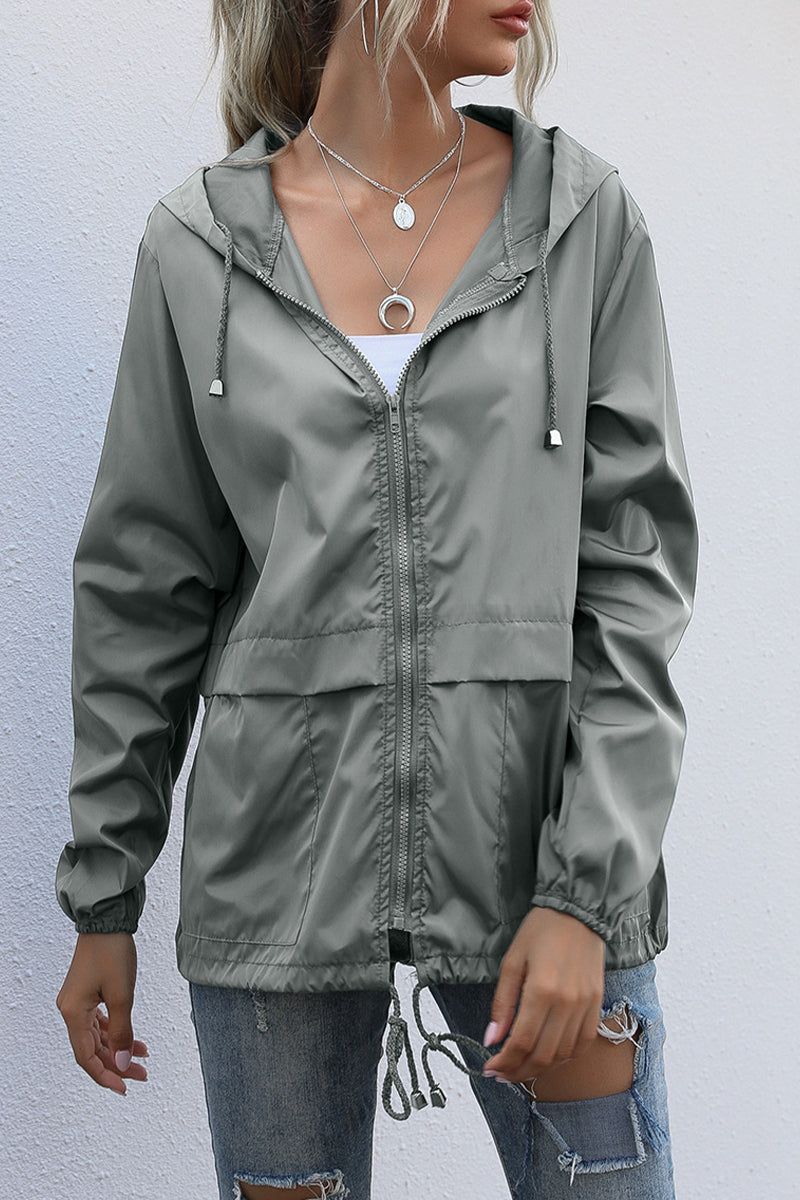 Casual Solid Zipper Hooded Collar Outerwear