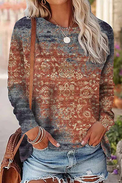 Casual Print Patchwork O Neck Tops(9 Colors)