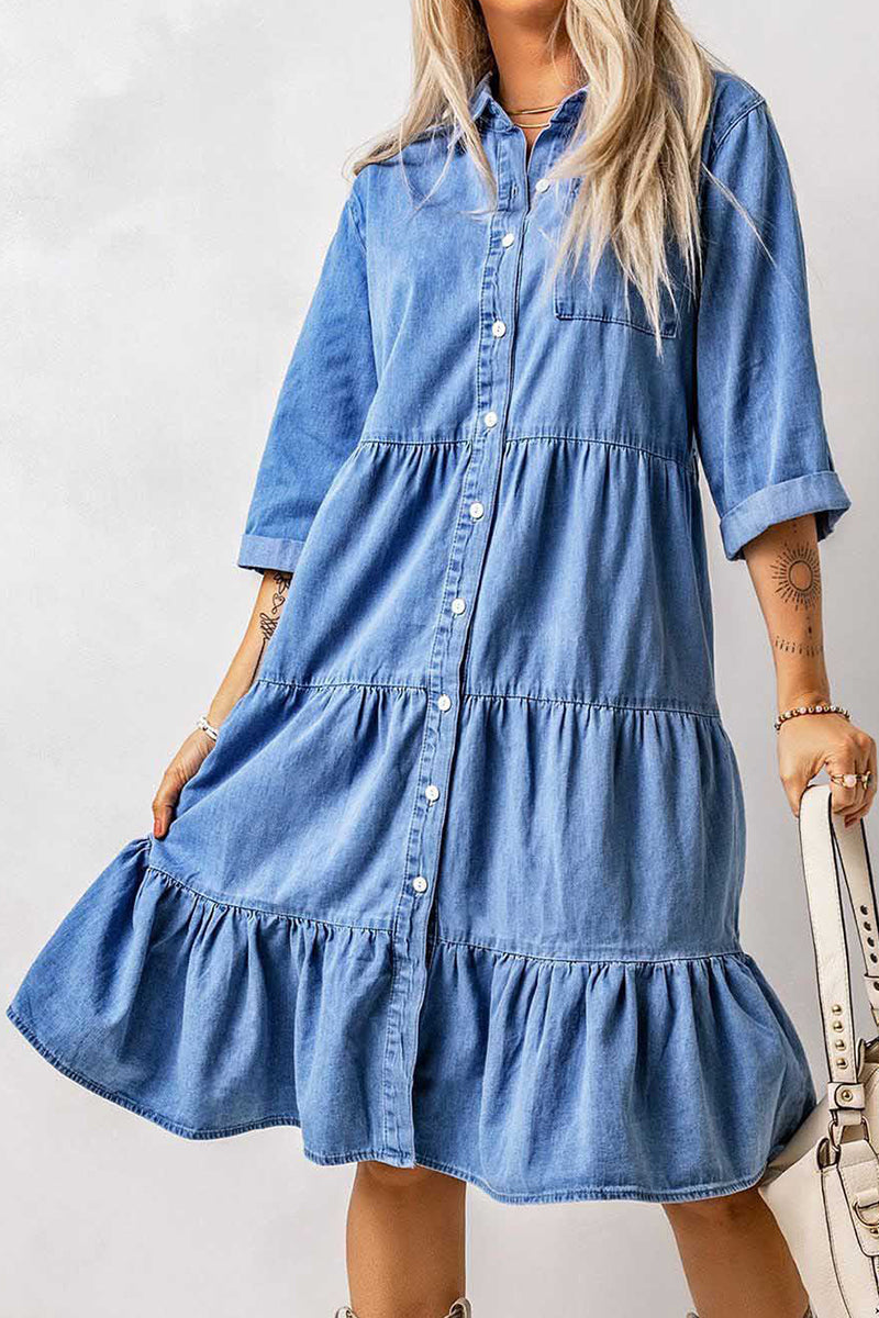 Casual Street Solid Patchwork Turndown Collar Nine Points Sleeve Loose Denim Dresses