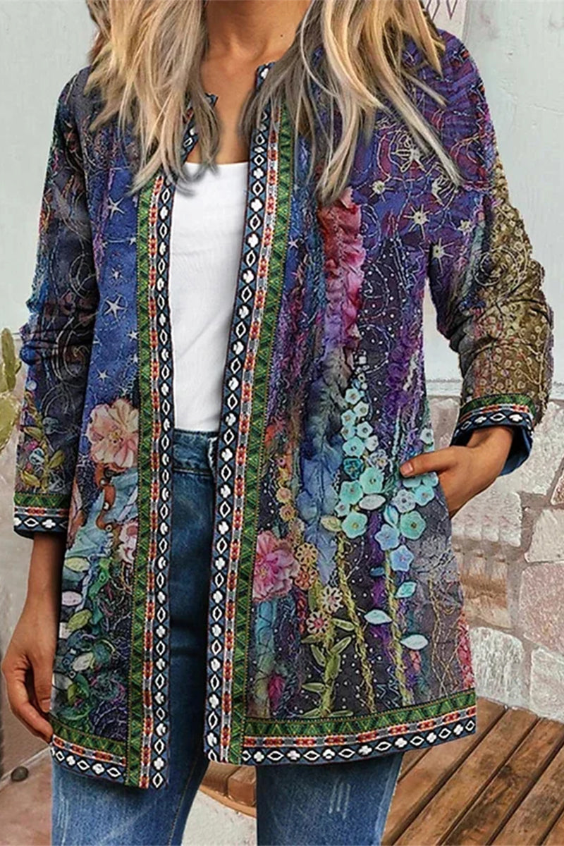 Casual Print Pocket O Neck Outerwear